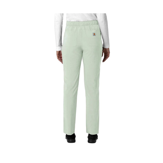 Light mint straight-leg scrub pants with elastic waist and back pocket patch