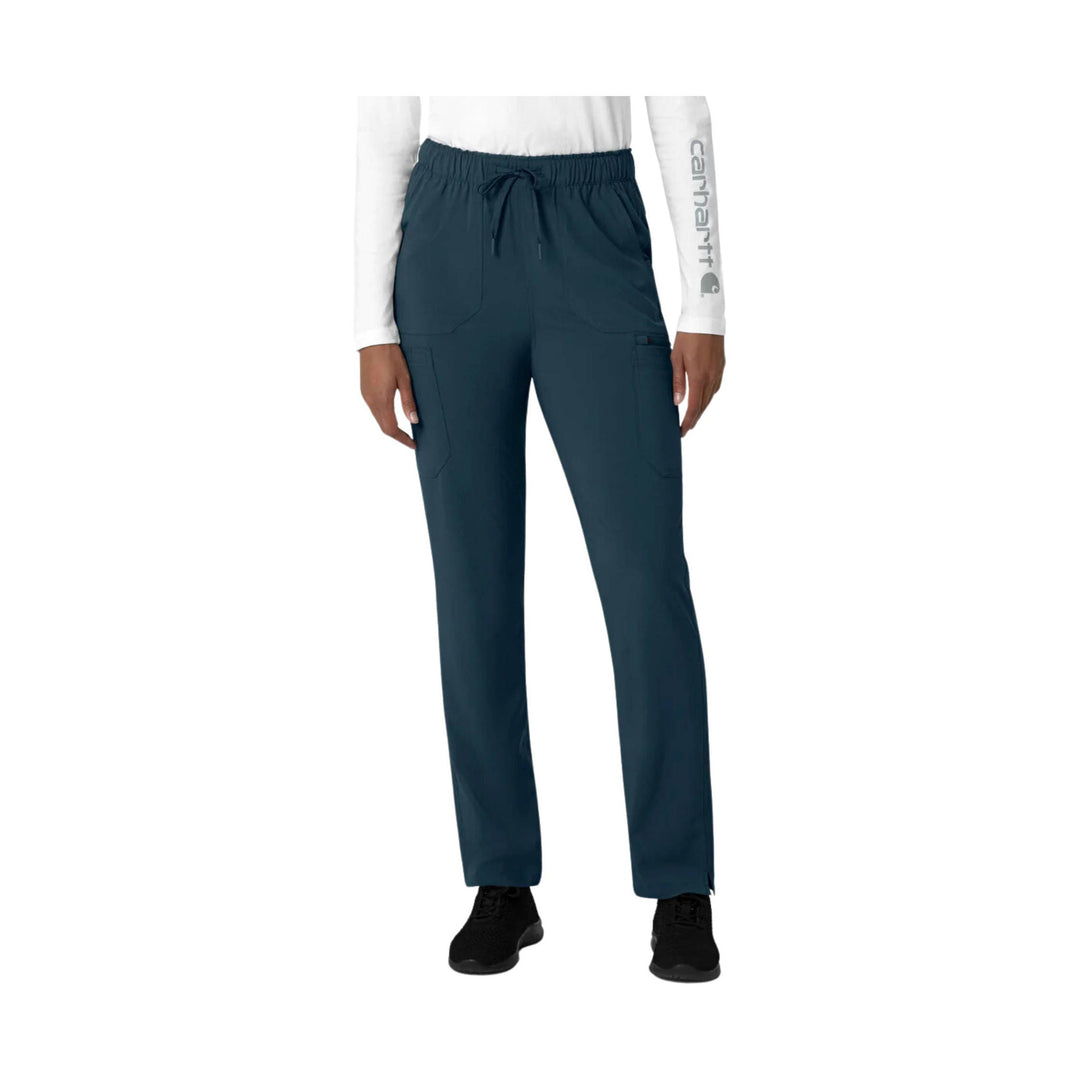 Teal straight-leg cargo scrub pants with an elastic waistband, drawstring, and multiple pockets