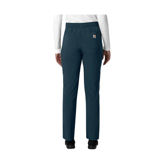 Dark teal straight-leg scrub pants with elastic waistband and cargo pockets, back view