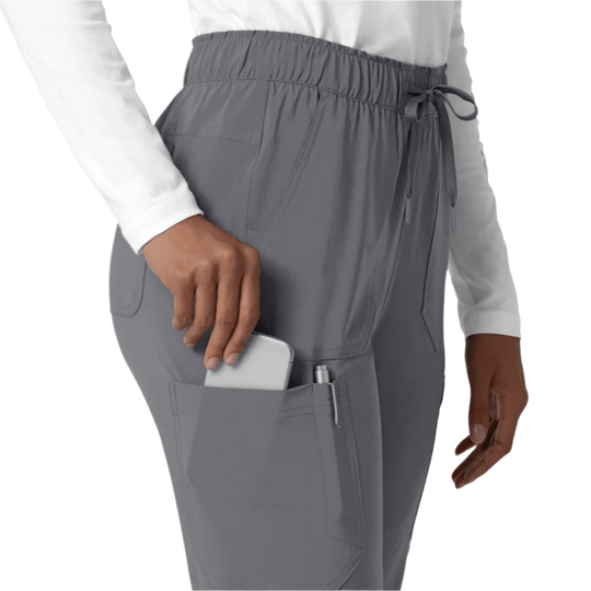 Gray straight-leg cargo scrub pants with elastic waistband, side pockets, and drawstring