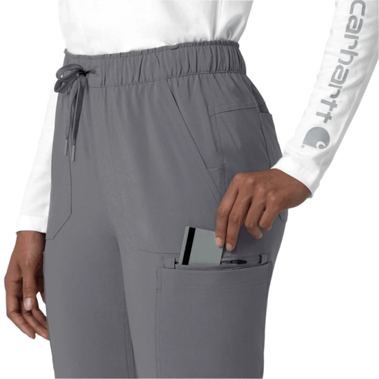 Gray straight-leg scrub pants with elastic waist, cargo pocket, and phone in side pocket