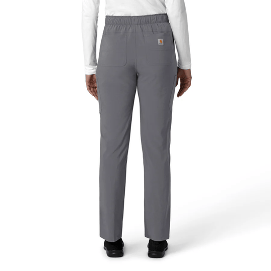 Gray straight-leg cargo scrub pants shown from the back
