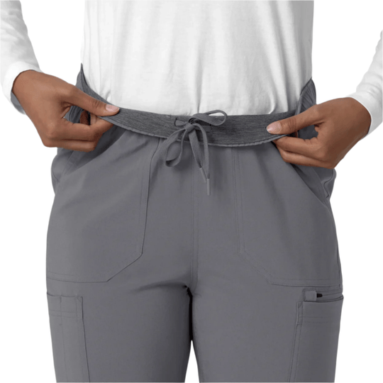 Gray straight-leg cargo scrub pants with drawstring waist and side cargo pockets