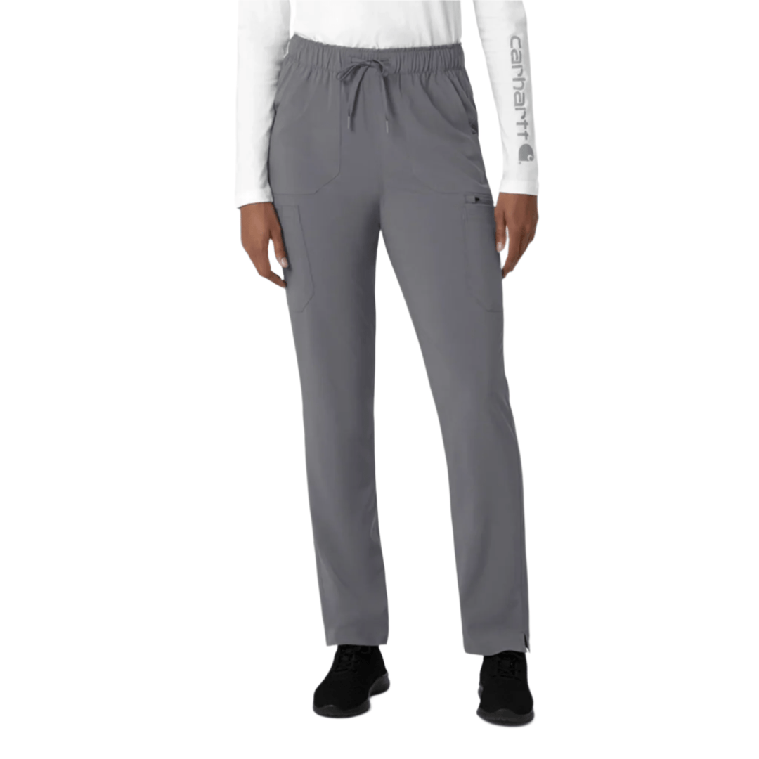 Gray straight-leg cargo scrub pants with elastic waistband and side pockets