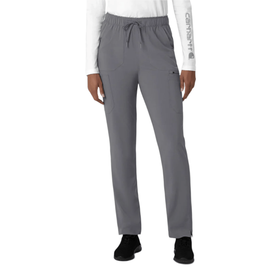 Gray straight-leg cargo scrub pants with elastic waistband and side pockets