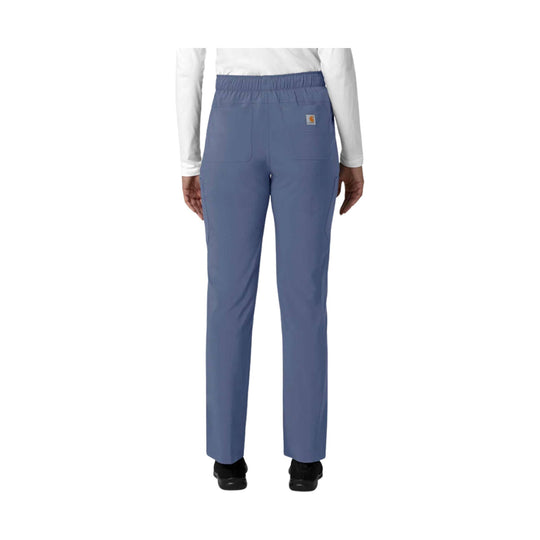 Blue straight-leg scrub pants shown from the back with an elastic waistband and cargo pockets