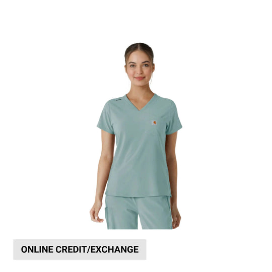 Mint green scrub top and pants on a model with an ONLINE CREDIT/EXCHANGE banner