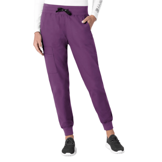 Purple jogger scrub pants with elastic waistband, cargo pocket, and cuffed ankles