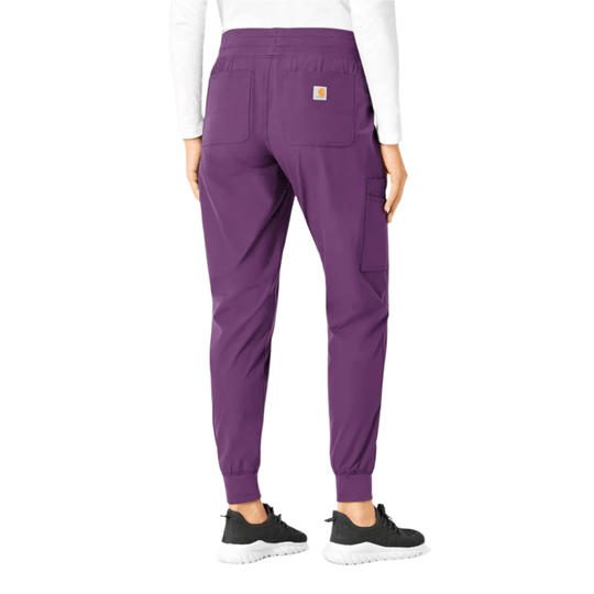 Purple jogger scrub pants with cargo pocket and ankle cuffs