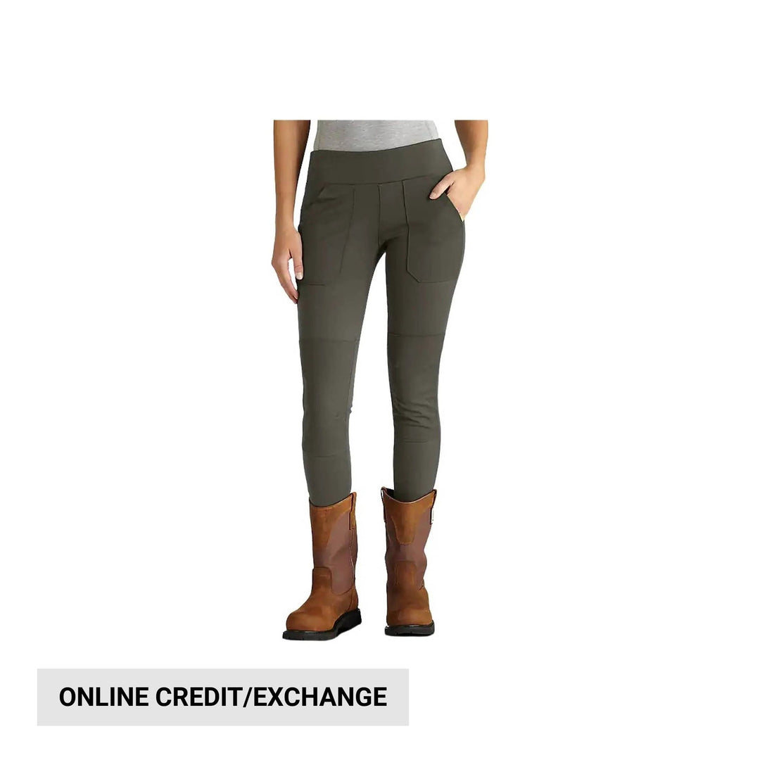 Dark olive fitted utility leggings with cargo pockets and knee panels, shown with brown work boots