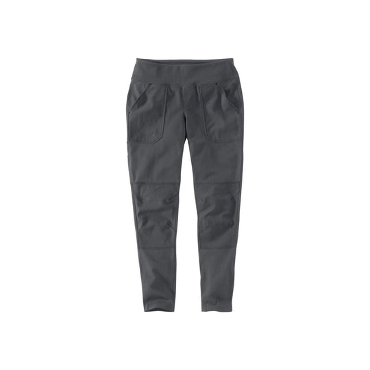 Charcoal gray fitted athletic leggings with reinforced seam details and front pockets