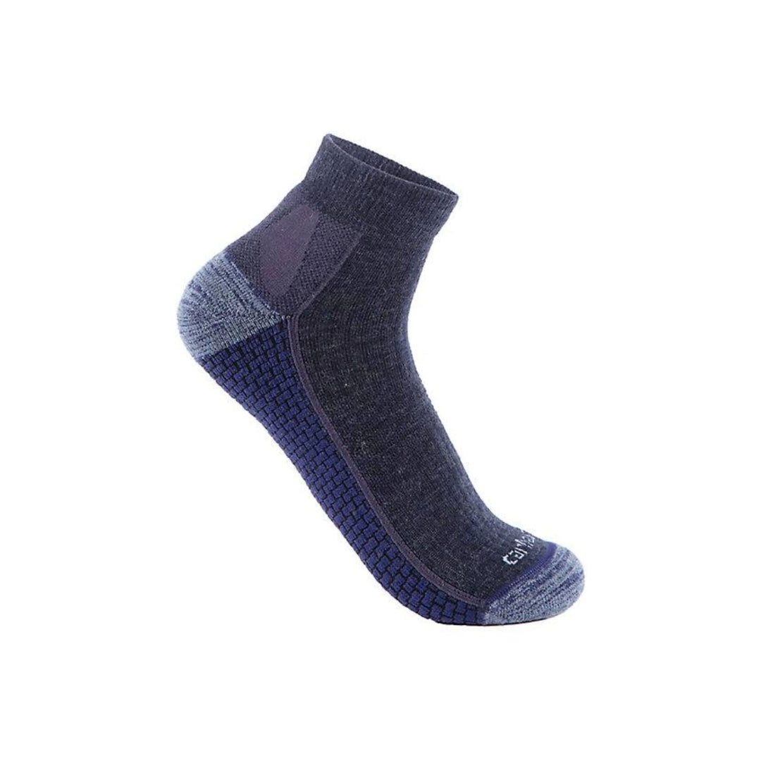 Ankle-length performance sock in navy and gray with cushioned sole and reinforced heel and toe