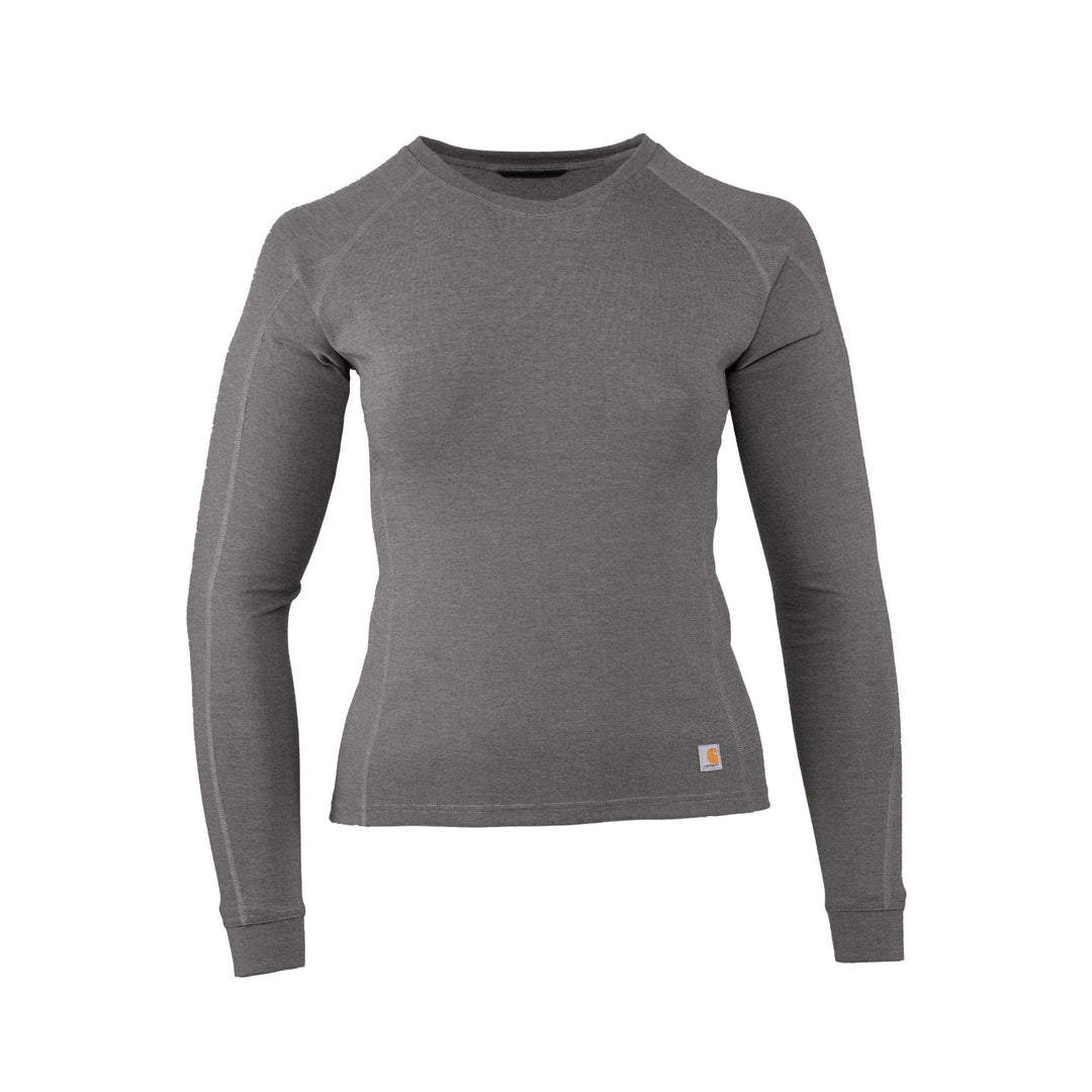 Gray long-sleeve crewneck base layer top with fitted seams and small hem logo patch
