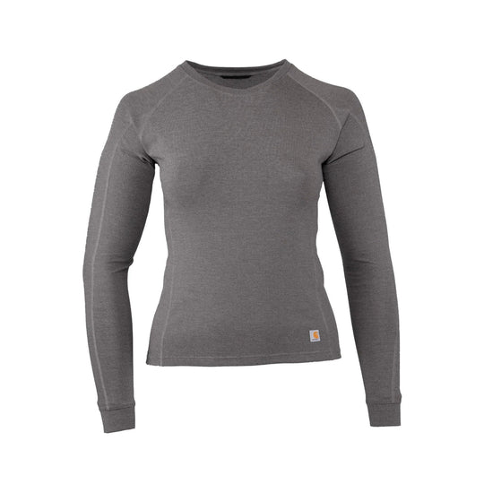 Gray long-sleeve crewneck base layer top with fitted seams and small hem logo patch