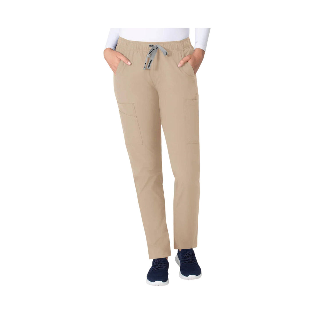 Khaki straight-leg scrub pants with elastic waistband, drawstring, and cargo pockets
