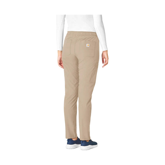 Khaki straight-leg scrub pants shown from the back with an elastic waistband, patch pockets, and a cargo pocket.