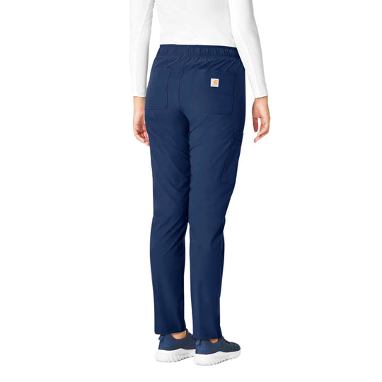 Navy straight-leg scrub pants with back patch pockets and a small logo tag