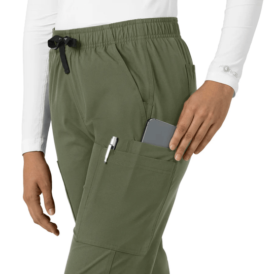 Olive straight-leg scrub pants with drawstring waist, cargo pocket, and a phone in the side pocket
