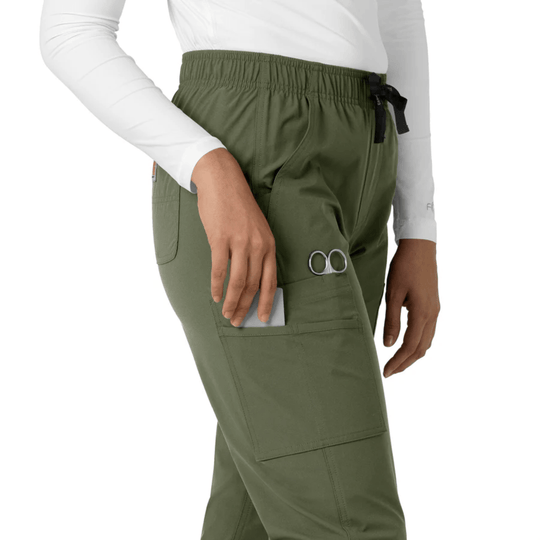 Olive green straight-leg scrub pants with elastic waistband and cargo pocket