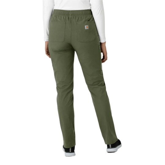 Olive straight-leg scrub pants shown from the back with elastic waistband and patch pockets