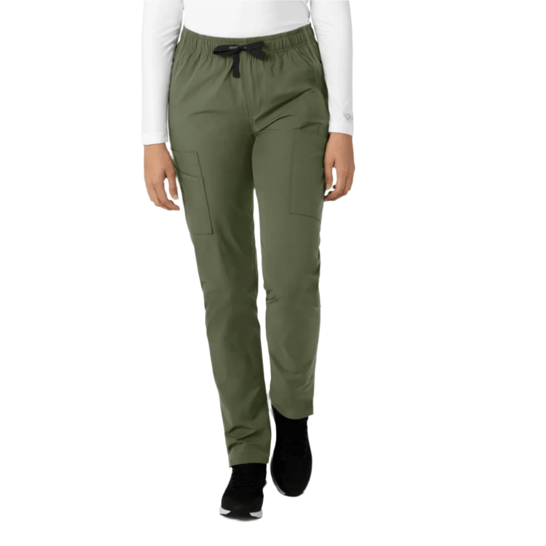 Olive straight-leg scrub pants with cargo pockets and a drawstring waist