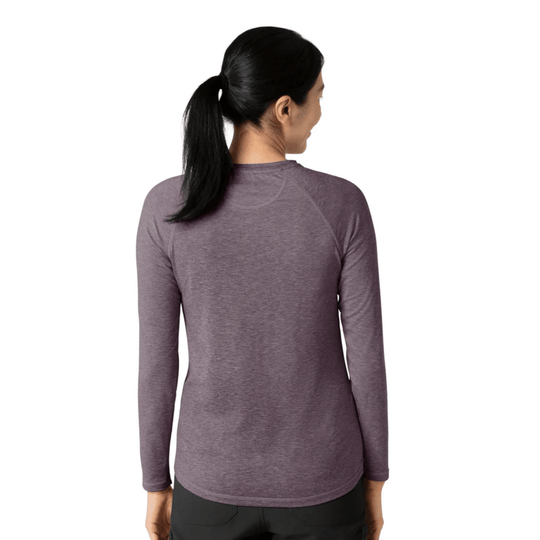 Women's long-sleeve heathered purple performance tee shown from the back