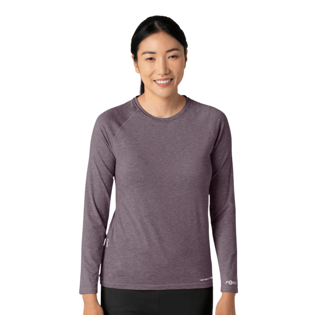 Heathered plum long-sleeve athletic top with raglan shoulders and small logo text at the hem and sleeve.