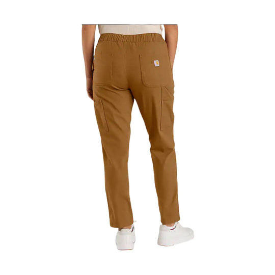 Brown relaxed-fit work pants shown from the back with elastic waistband, patch pockets, and tapered legs