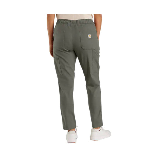 Olive green relaxed-fit work pants with cargo pockets and elastic waistband, shown from the back