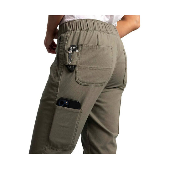 Olive work pants with large back and cargo pockets and a phone holster at the waistband