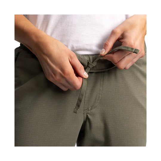Olive ripstop pants with an elastic drawstring waist