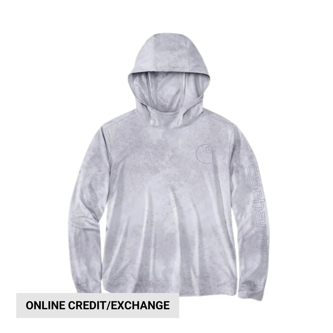 Light gray hooded long-sleeve shirt with subtle graphic on chest and sleeve