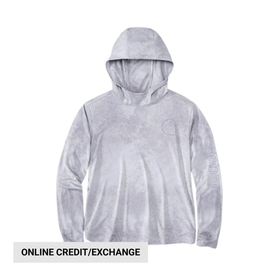 Light gray hooded long-sleeve shirt with subtle graphic on chest and sleeve