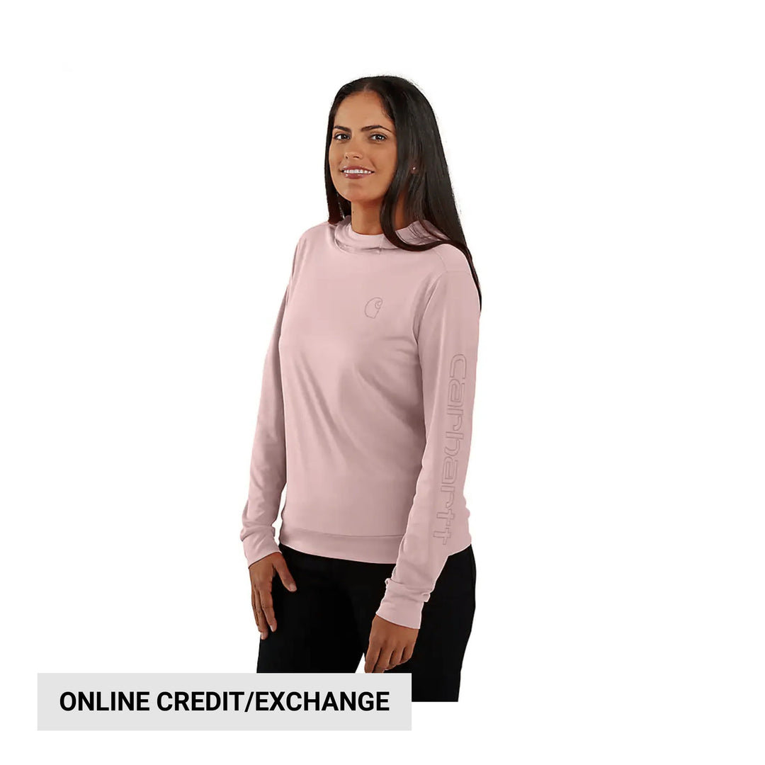 Light pink long-sleeve hooded shirt with subtle logo details and sleeve lettering
