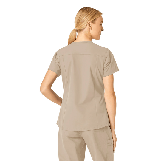 Beige women’s V-neck scrub top shown from the back with short sleeves and seam details