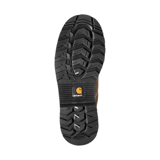 Black work boot outsole with deep tread and Carhartt logo