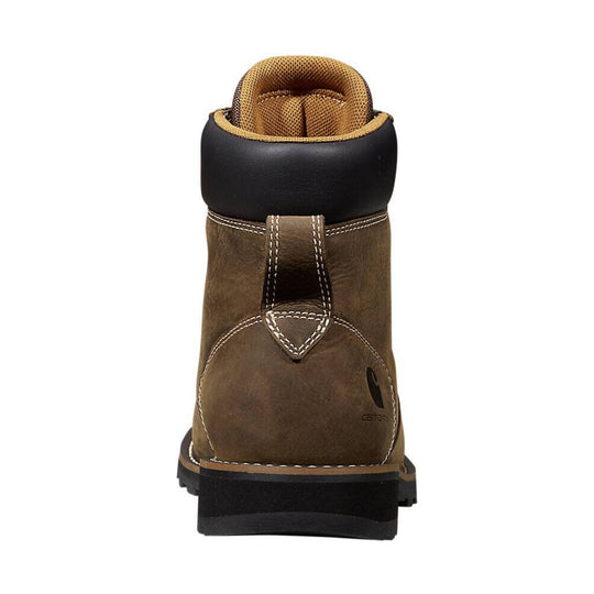 Rear view of a brown work boot with black padded collar, tan lining, and thick black lug sole