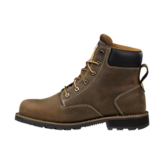 Brown leather lace-up work boot with black padded collar and rugged tread sole