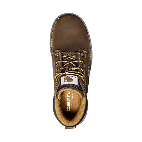 Brown lace-up work boot with a padded collar and visible Carhartt branding on the insole and tongue tag.