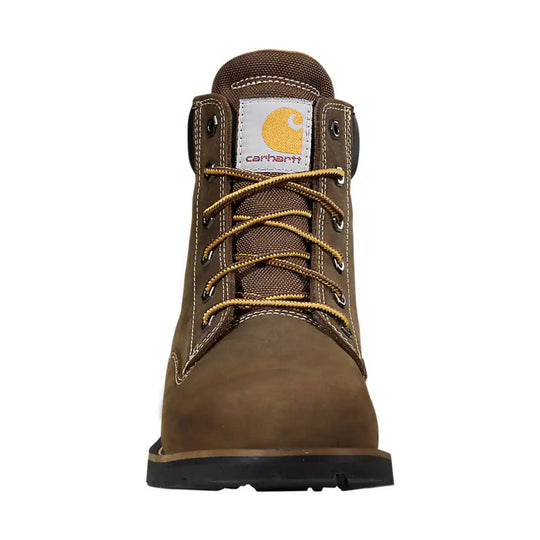 Pair of brown leather lace-up work boots with padded collars and rugged lug soles