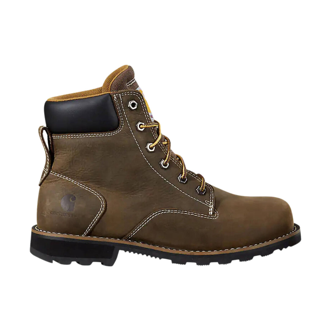 Brown leather work boot with black padded collar, yellow laces, and steel toe