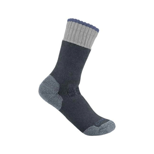 High-calf knit boot sock in dark gray and light gray with a blue trim at the top and reinforced heel and toe