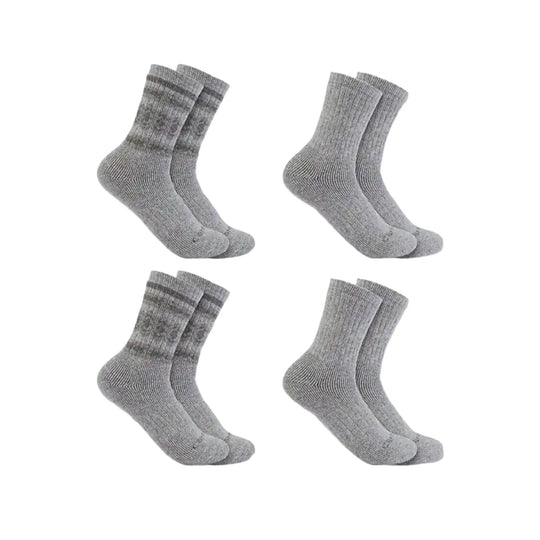 Four pairs of heather gray crew socks arranged in a 2x2 layout on a white background