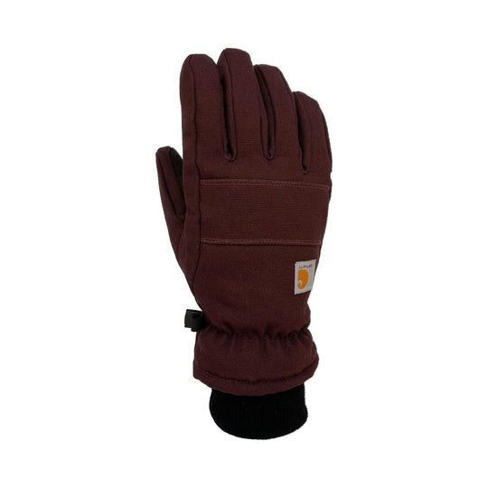 Brown insulated winter glove with knit cuff and small logo patch