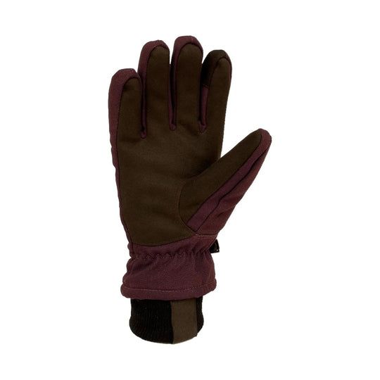 Brown insulated glove with burgundy trim and knit cuff