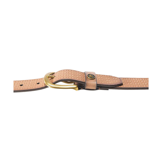 Tan textured leather belt with a gold buckle and snap closure