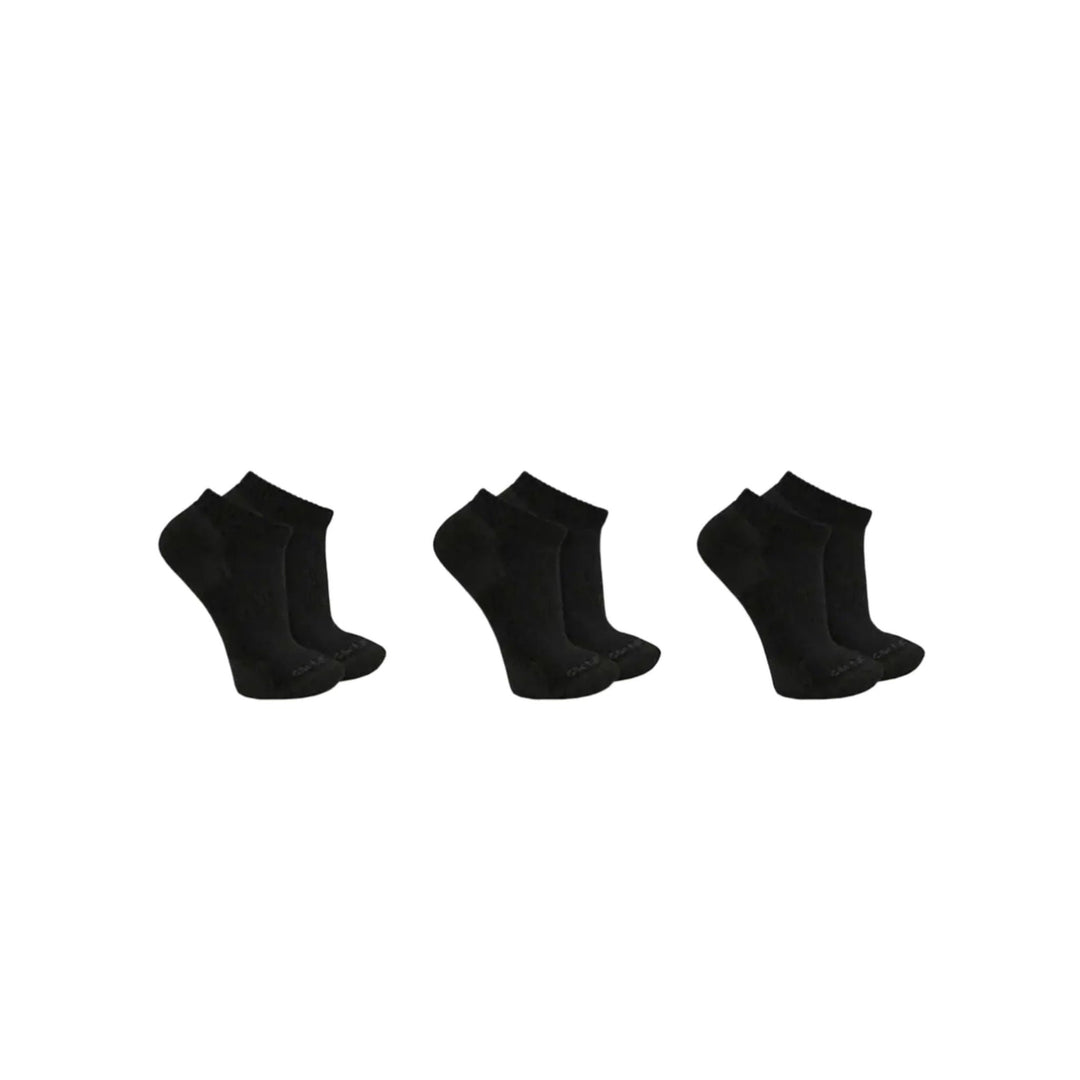 Three pairs of black low-cut socks on a white background