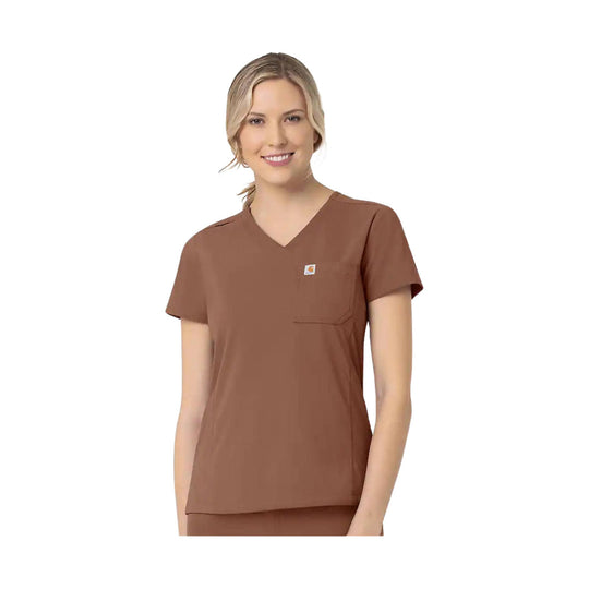 Brown V-neck scrub top with chest pocket and short sleeves, shown on a model.