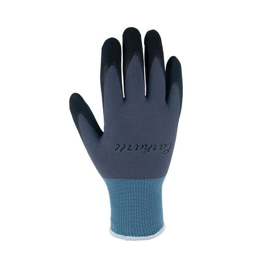 Gray knit work glove with black coated fingertips and blue cuff, branded Carhartt on the back