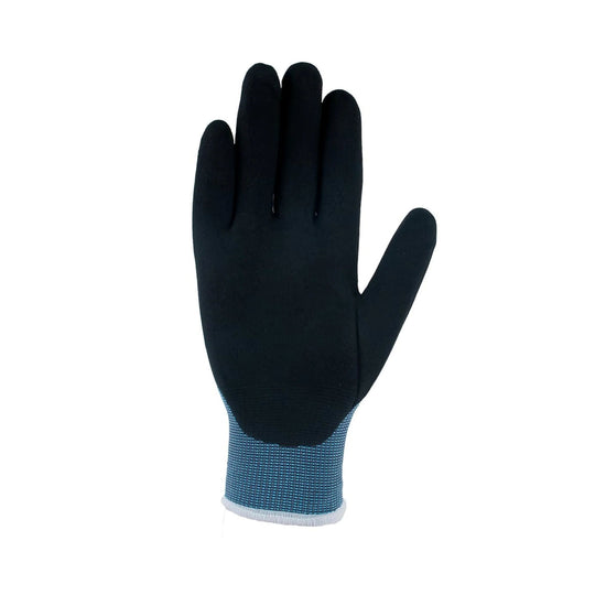 Black coated work glove with a blue knit cuff and gray trim